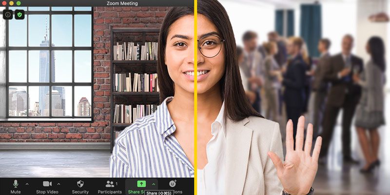 Image of woman in a virtual Zoom meeting and an in-person meeting simultaneously